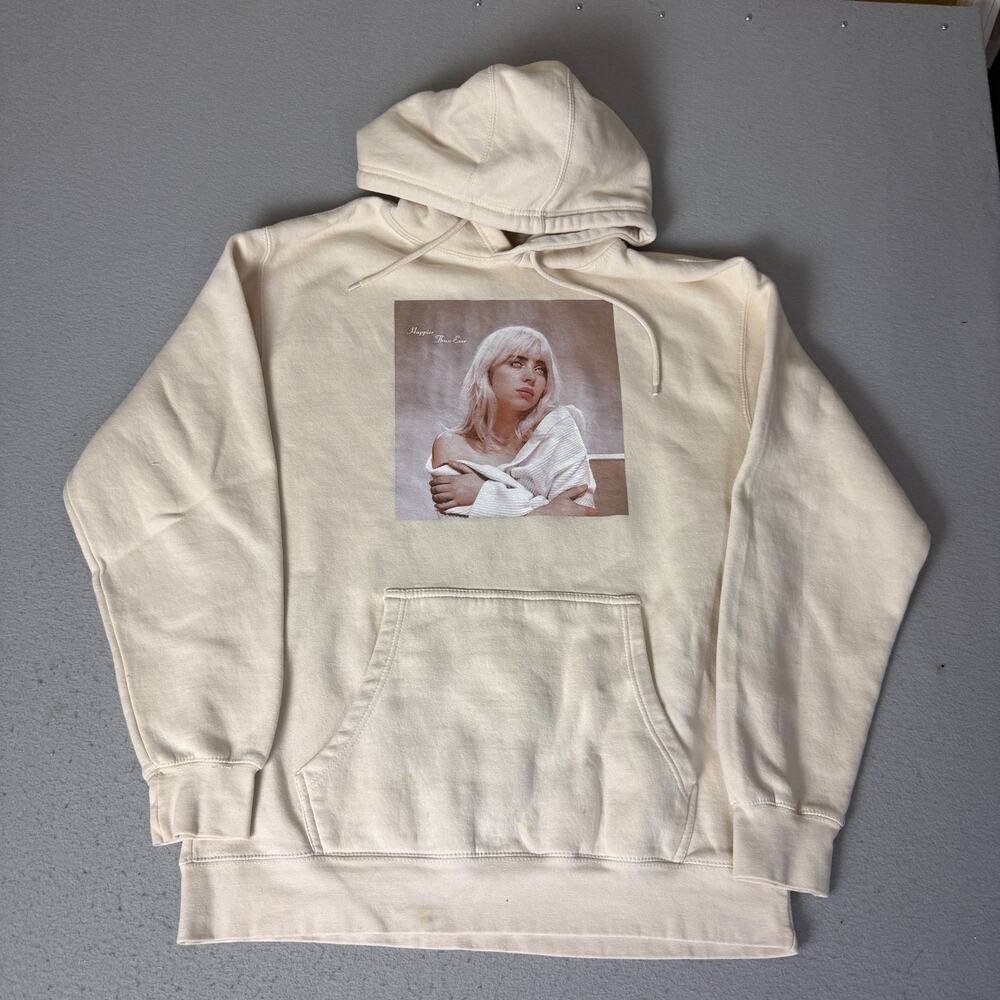 Billie Eilish Happier Than Ever Hoodie XL Cream 2021 Graphic Pullover Sweatshirt